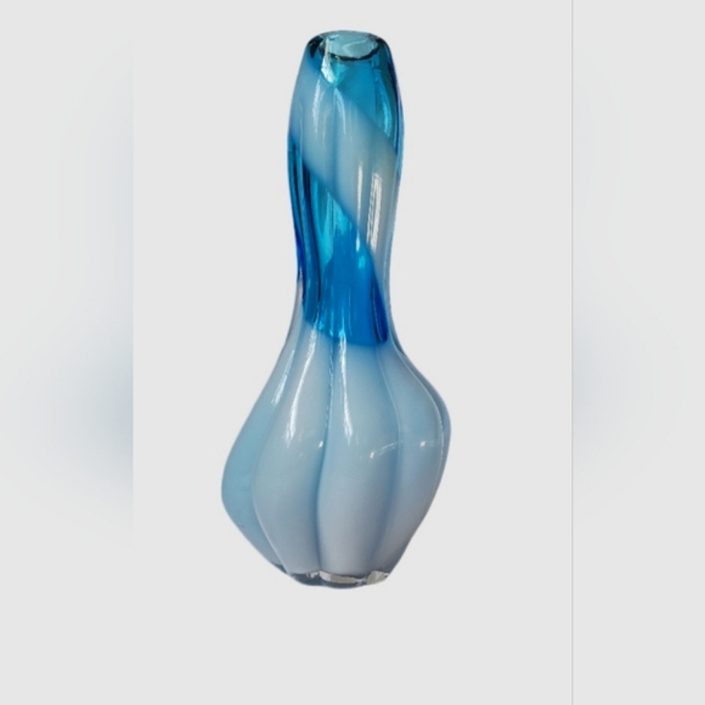 Vintage Blue and Milky White Art Glass Bud Vase 7"